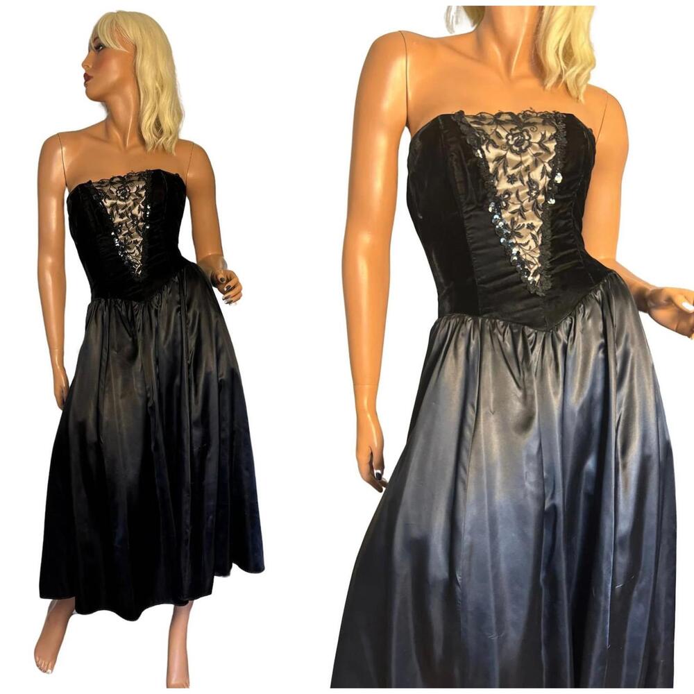 Vintage 80s Gunne Sax Sequined Velvet Semi Formal Black Strapless Party DressXS